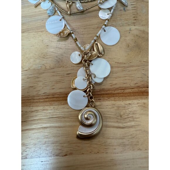 Layered White Gold Shell Charm Necklace Statement Earrings Set, Beach, Coastal - Picture 3 of 9
